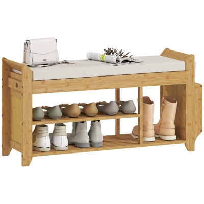 HOMCOM Shoe Storage Bench with Cushion & Umbrella Holder, Natural Cream
