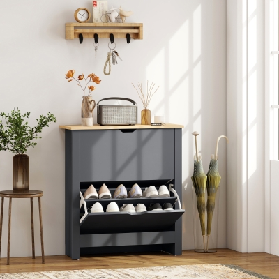 HOMCOM Shoe Storage Cabinet with 2 Flip Drawers and Adjustable Shelves for 8–12 Pairs of Shoes, Dark Grey