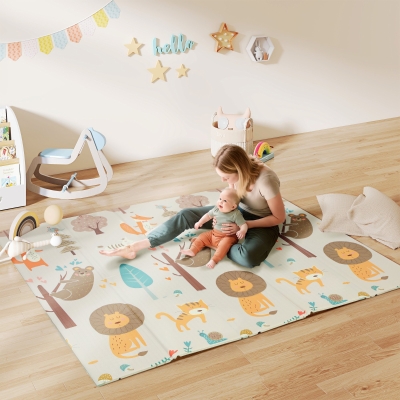 Qaba Foldable Baby Plat Mat, 77" x 69" Kids Floor Mat for Crawling and Learning, Girl & Animal Theme