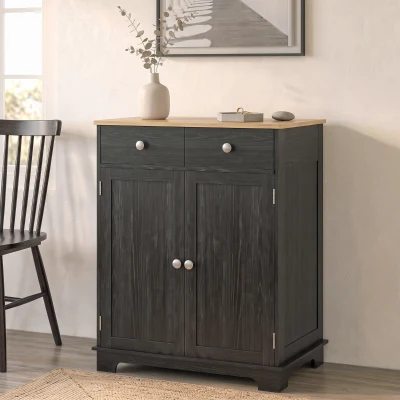 HOMCOM Kitchen Storage Cabinet, Distressed Black, Solid Wood Top