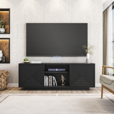 Sleek Modern TV Stand with Patterned Storage Doors, 63" L x 14" W x 21.5" H, Black