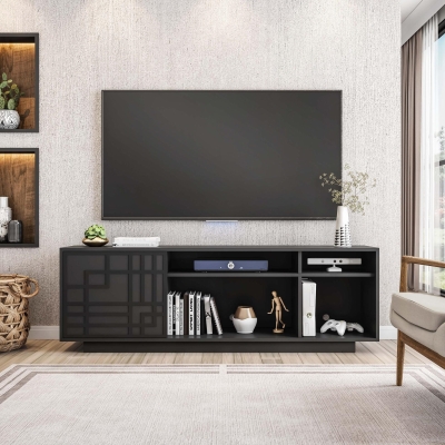 Contemporary Floating TV Stand with Patterned Cabinet Door, 63" L x 14" W x 21" H, Black
