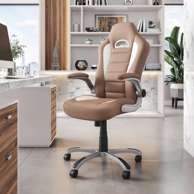 Racer-style Chair with Flip-Up Arms and TechniFlex Upholstery, 26.5" L x 27" W x 47" H, Camel
