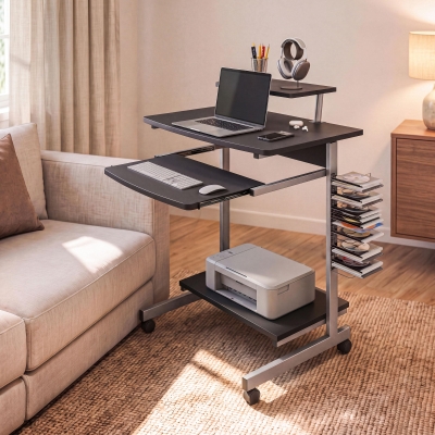 Compact Computer Cart with Adjustable Shelf and Slide-Out Keyboard, 28.5" L x 20.5" W x 35.5" H, Black