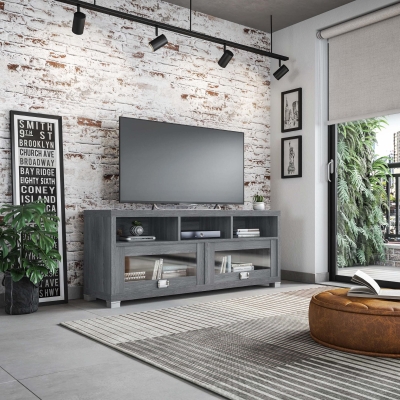 Sleek Durbin TV Stand with Glass Panel Cabinets and Cable Management, 57" L x 15" W x 23" H, Grey