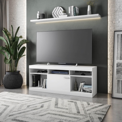 Sleek White TV Stand with Centered Sliding Door, 61" L x 15.5" W x 27" H, White