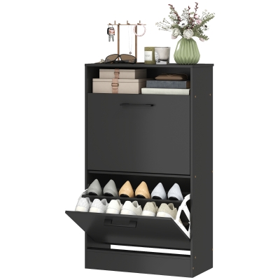 HOMCOM Shoe Cabinet 2 Flip Drawers Adjustable Dividers Black