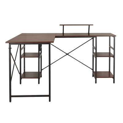 Industrial L-Shaped Desk with Raised Monitor Stand and Open Shelves, 59" L x 59" W x 35" H, Walnut