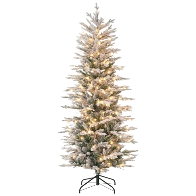 HOMCOM 6' Pre-Lit Flocked Christmas Tree with Lights, Snow Branches