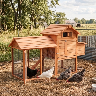 PawHut 82" Deluxe Chicken Coop Wooden Large Hen House with Run and Nesting Box for Hens Rabbits, Orange