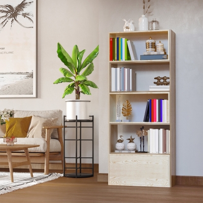 HOMCOM 4-Tier Corner Bookcase, Rotating Storage Display Shelf, Multifunction Tall Bookshelf, Space Saving Room Divider for Home Office, White Oak