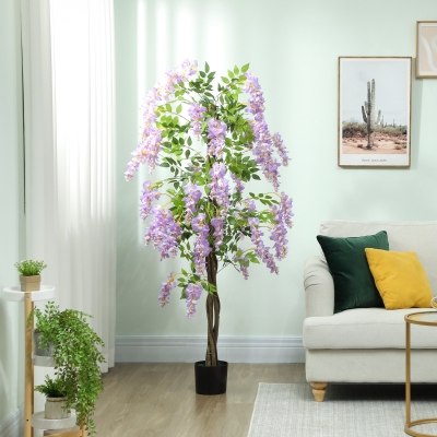 HOMCOM 5.9FT Fake Wisteria Tree with Natural Wood Trunk, Artificial Plant in Nursery Pot, Greenery Tall Faux Floor Plant Purple