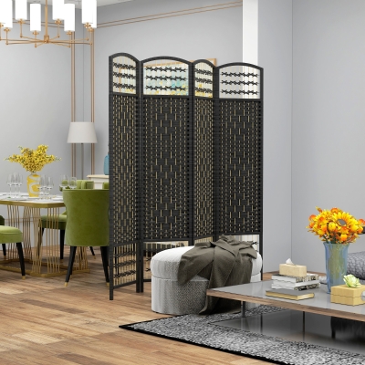 HOMCOM 4 Panel Folding Room Divider, Portable Privacy Screen, Wave Fiber Room Partition for Home Office, Black