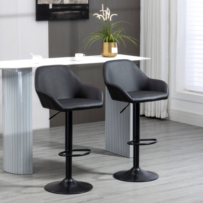 HOMCOM Adjustable Bar Stools Set of 2, Swivel Barstools with Footrest and Back, PU Leather and Steel Round Base, Black