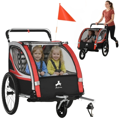 Aosom 3-in-1 Bike Trailer for Kids, Red with 2 Seats