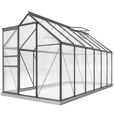 Outsunny 6' x 12' x 6.5' Polycarbonate Greenhouse, Walk-in Green House with Aluminum Frame Adjustable Roof Vent Galvanized Base Sliding Door Rain Gutter for Outdoor Garden, Grey