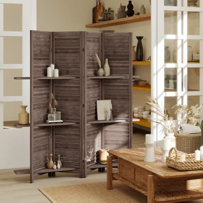 HOMCOM 67" Wood Privacy Screen Room Divider with Shelves, Walnut