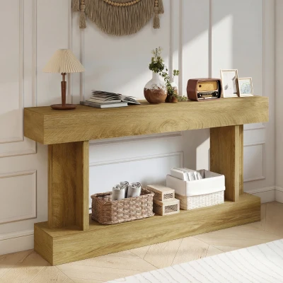 HOMCOM 63" Console Table, Vintage Entryway with Storage Shelf, Oak