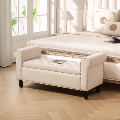 HOMCOM 50 Inches Storage Ottoman, Upholstered Bedroom Bench with Rolled Arms and Button Tufted Storage, Beige