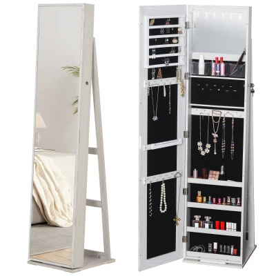HOMCOM Mirror Jewelry Cabinet Armoire, Lockable Jewelry Organizer with Full-Length Mirror, LED Lights, Standing Jewelry Armoire in White Wood