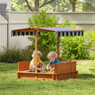 Outsunny Wooden Kids Sandbox with Cover, Sand Play Station with Foldable Bench Seats and Adjustable Canopy, Red