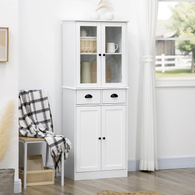 HOMCOM 61" Kitchen Pantry Cabinet, Freestanding Farmhouse Buffet Storage Cabinet with Soft Close Glass Doors and Adjustable Shelves, White