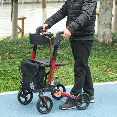 HOMCOM Rollator for Seniors with Seat, Back, Cane Holder, Aluminium Folding Rolling Walker with Adjustable Handle, Bag, Red