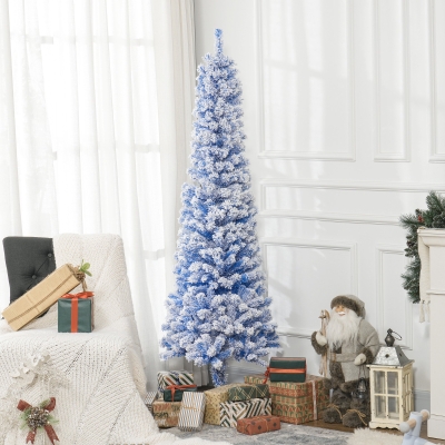 HOMCOM 6ft Flocked Christmas Tree, Pencil Christmas Tree with Realistic Branch Tips, Folding Metal Stand, Blue