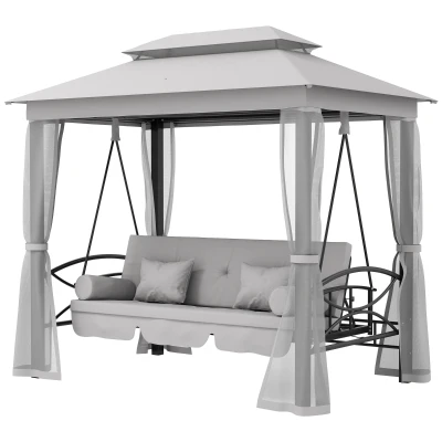 Outsunny 3 Person Outdoor Patio Daybed, 3 in 1 Canopy Gazebo Swing Chair Garden Hammock with Mesh Mosquito and Sun Shade, Grey