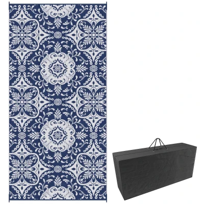 Outsunny Portable Outdoor Rug with Carry Bag, 9' x 18' Reversible Mat, Waterproof Plastic Straw RV Rug, Blue & White Flower