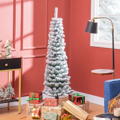 HOMCOM 5ft Flocked Christmas Tree, Pencil Christmas Tree with Realistic Branch Tips, Folding Metal Stand, Green