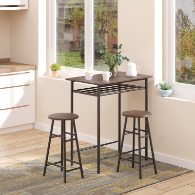 HOMCOM 3 Piece Counter Height Bar Table Set with 1 Table, 2 Matching Stools, Dining Table Set with Storage Shelf and Metal Frame Footrest, Black and Oak