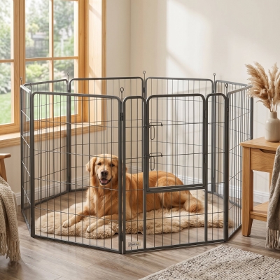 PawHut Large Dog Playpen Indoor Outdoor Foldable Pet Pen with Lockable Door and Ground Stakes for Large Dogs, Black