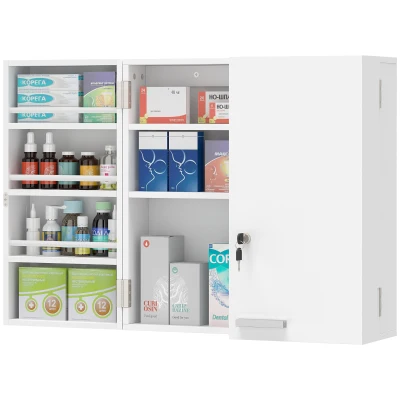 HOMCOM Wall Mount Medicine Cabinet, Bathroom Cabinet with 4 Tier Shelves, Lockable with 2 Keys for Kitchen, White