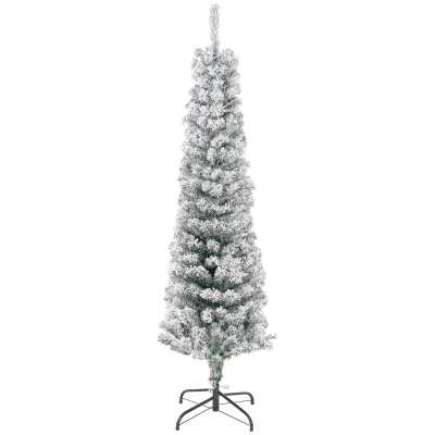 HOMCOM 5ft Flocked Christmas Tree, Pencil Christmas Tree with Realistic Branch Tips, Folding Metal Stand, Green