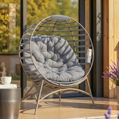 Outsunny Egg Chair, Patio Lounge Chair, Foldable Basket Chair with Large Seat Cushion, Side Pocket, Light Grey