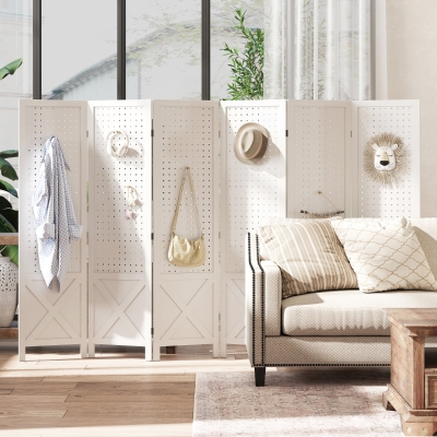 HOMCOM 56.9" 6 Panel Wooden Room Divider with Pegboard Display, Folding Privacy Screen for Home Office, White