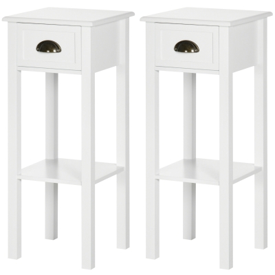 HOMCOM 2-Tier Nightstand Set with Drawer & Shelf, White, 2-Piece