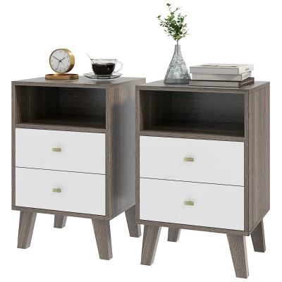 HOMCOM Nightstand Set of 2, Modern Bedside Table, Night Stand for Living Room with 2 Drawers and Open Storage, Grey