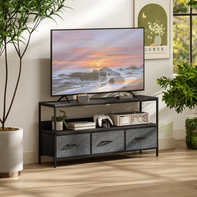 HOMCOM TV Stand with Charging Station, TV Table with 3 Foldable Linen Drawers and Open Shelf for 55 Inch Television, Black