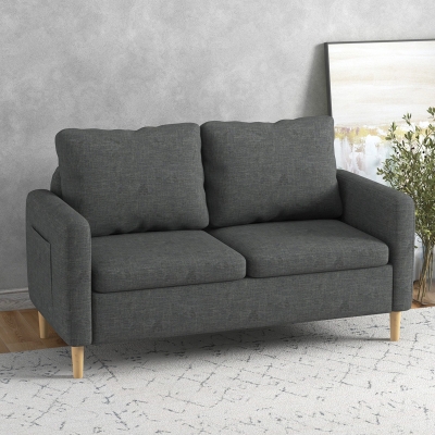 HOMCOM 56" 2 Seat Sofa, Modern Love Seats Furniture, Upholstered 2 Seater Couch with Side Pockets, Solid Wood Frame, Grey