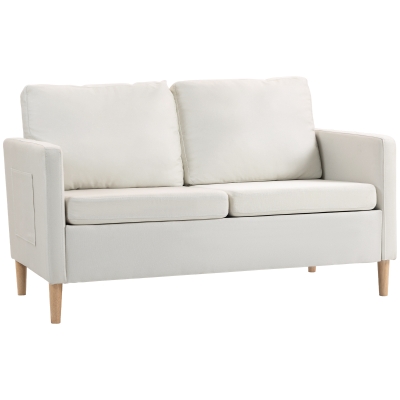 HOMCOM 56" 2 Seat Sofa, Modern Love Seats Furniture, Upholstered 2 Seater Couch with Side Pockets, Solid Wood Frame, White
