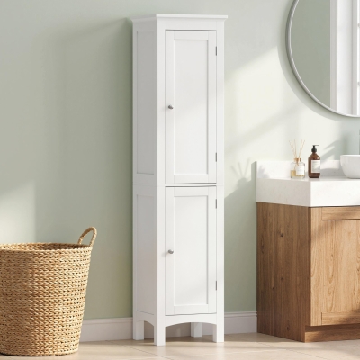 kleankin Tall Bathroom Cabinet, Freestanding Storage Organizer with Adjustable Shelves and Cupboards, 15" x 13" x 63", White