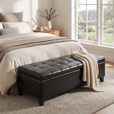 HOMCOM Storage Ottoman Bench, Foot Rest with Solid Wood Legs, 51 Inches PU Leather Storage Chest for Living Room, Black