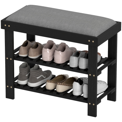 HOMCOM Bamboo 3-Tier Shoe Storage Bench with Cushion, Black