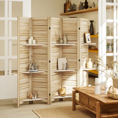 HOMCOM 67" Wood Privacy Screen Room Divider with Shelves, Natural