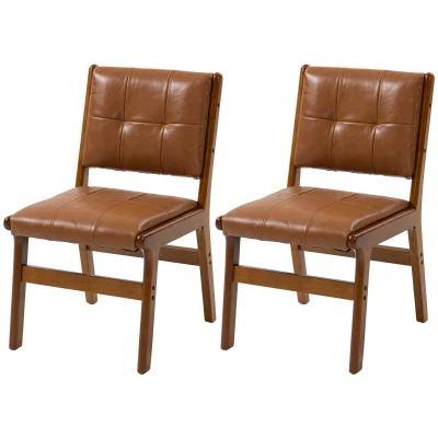 HOMCOM Set of 2 Kitchen Chairs, Button Tufted PU Leather Upholstered Dining Chairs with Rubberwood Legs for Dining Room, Brown