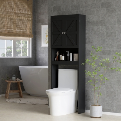 HOMCOM Over The Toilet Cabinet, Modern Bathroom Above Toilet Storage with Barn Doors and Open Shelf, Black