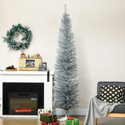 HOMCOM 7FT Silver Pencil Christmas Tree with 499 Tips & Stand