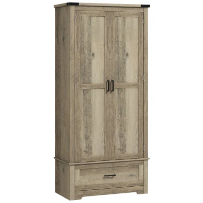 HOMCOM 69" Tall Farmhouse Kitchen Pantry Cabinet with 2 Doors, Drawer and Adjustable Shelves, Grey